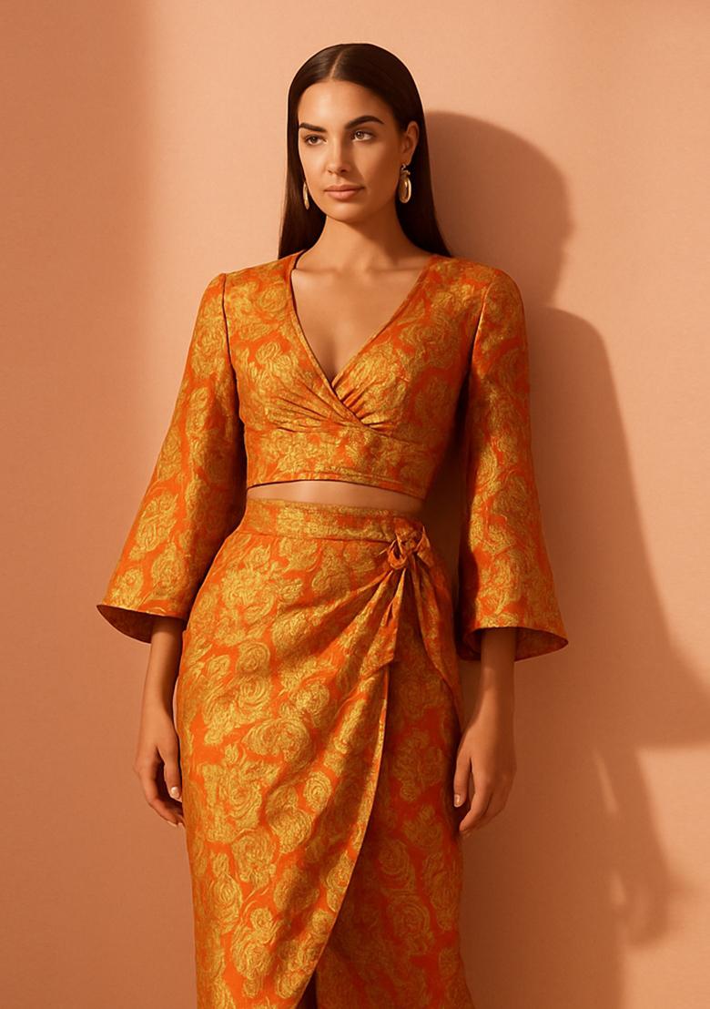 Peach Brocade Skirt Set - Indya