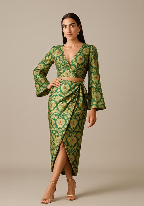 Green Brocade Skirt Set