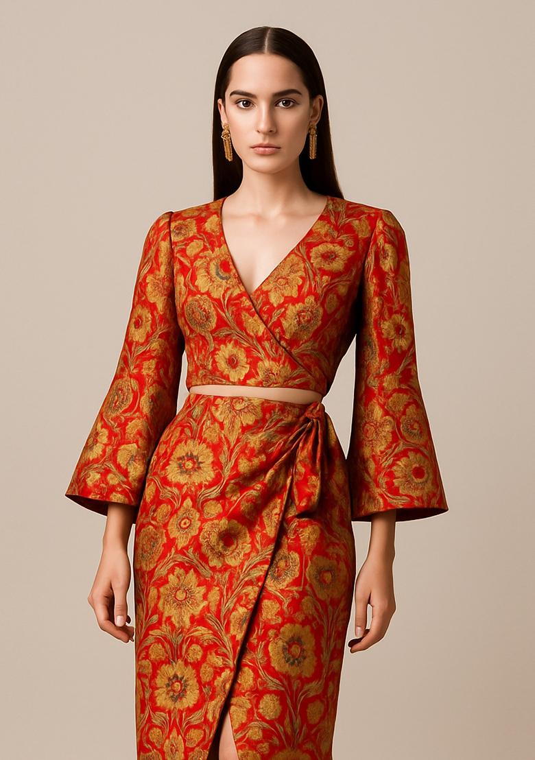 Red Brocade Skirt Set - Indya