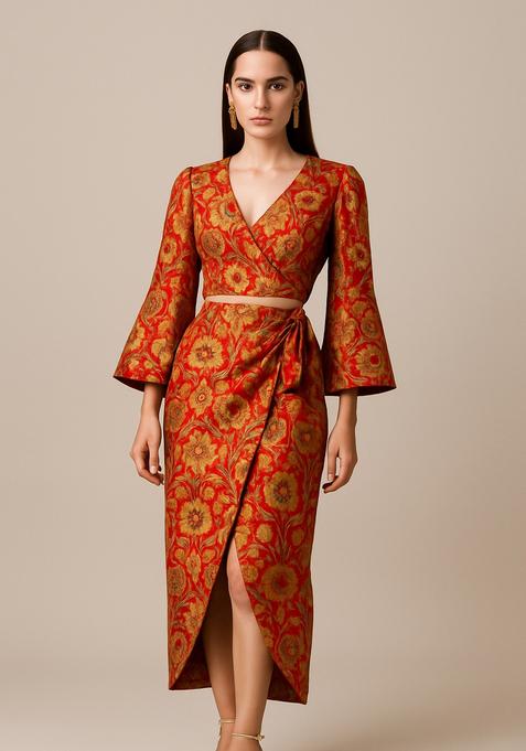 Red Brocade Skirt Set