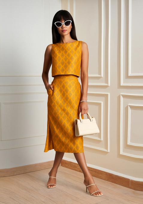 Mustard Yellow Brocade Skirt Set