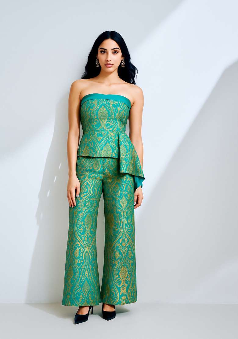 Teal Green Brocade Co-Ord Set for Diwali and Festive Wear - Indya