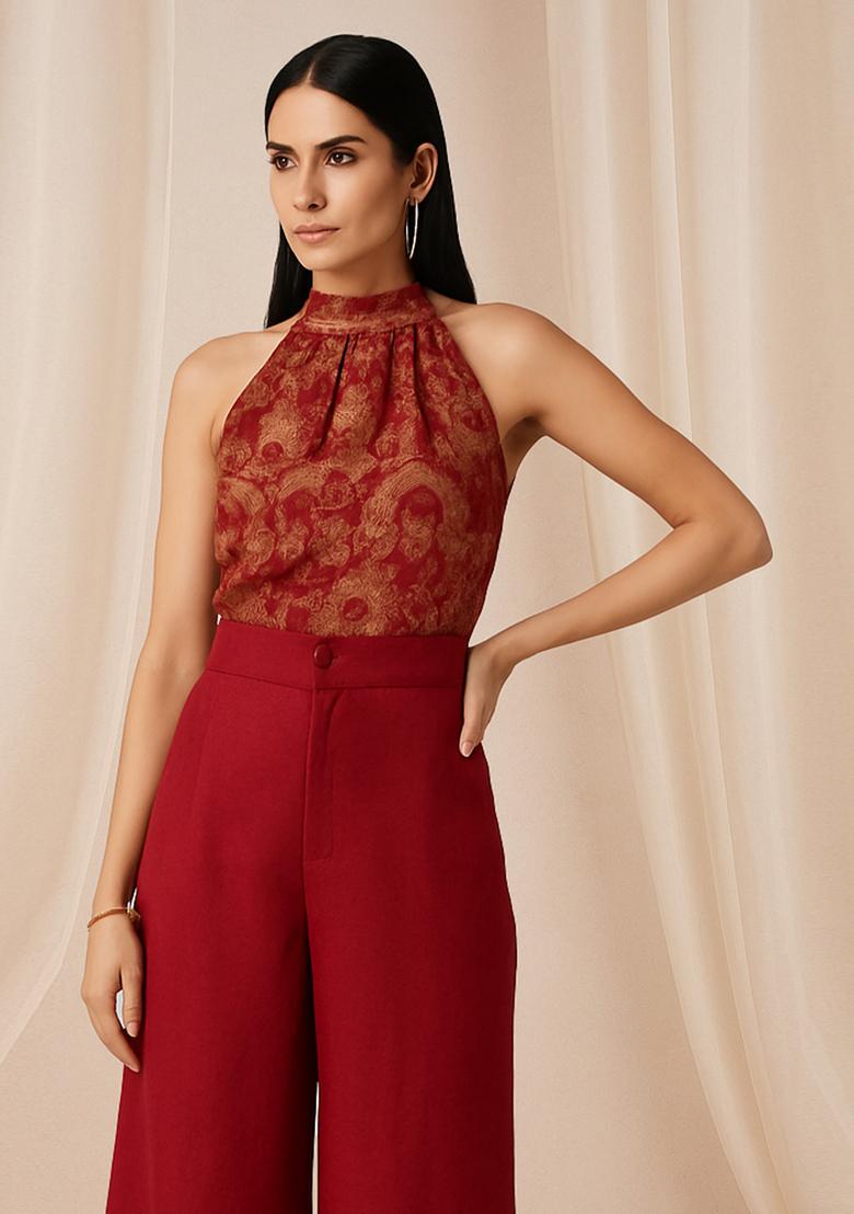 Maroon Brocade Co-Ord Set - Indya