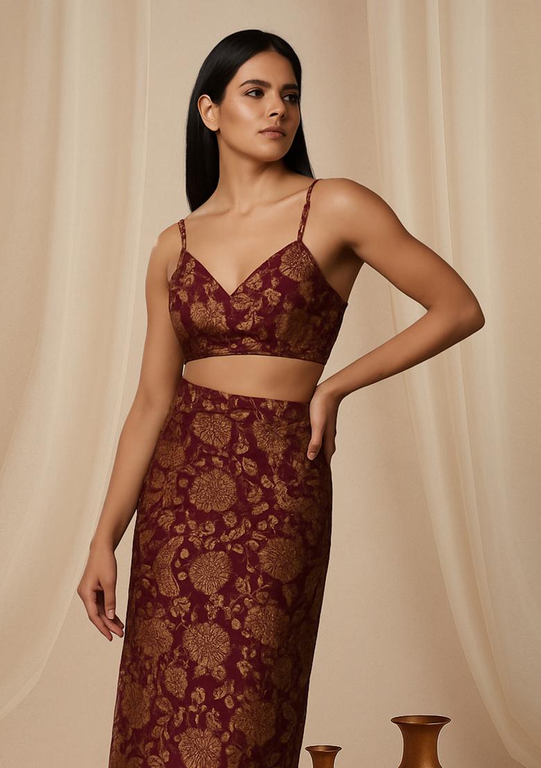 Burgundy Brocade Crop Top And Skirt Set - Indya