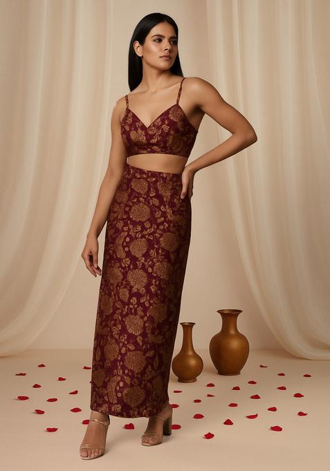Burgundy Brocade Crop Top And Skirt Set