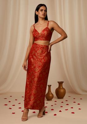 Red Brocade Crop Top And Skirt Set