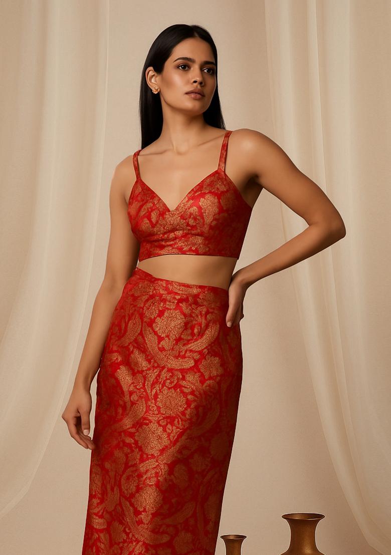 Red Brocade Crop Top And Skirt Set - Indya