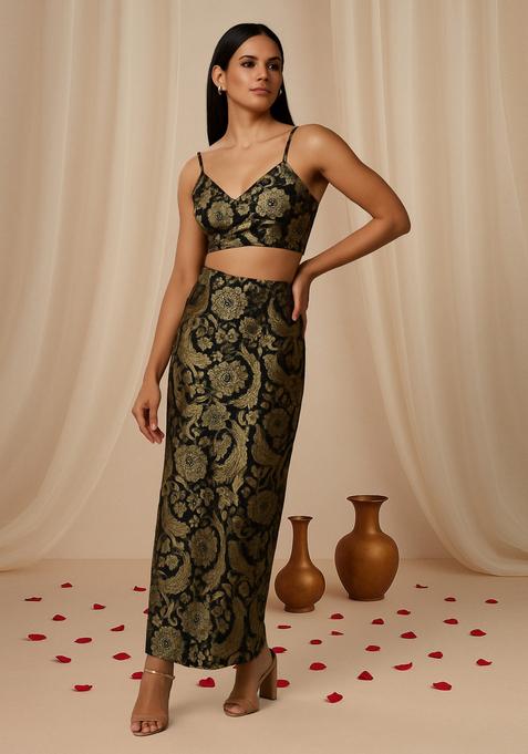 Black Brocade Crop Top And Skirt Set