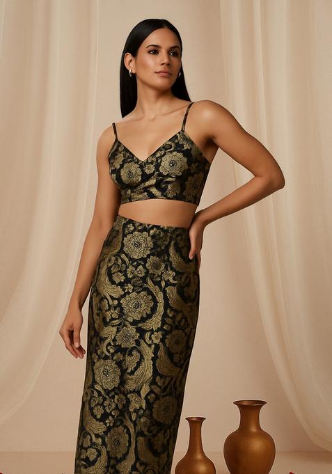 Black Brocade Crop Top And Skirt Set