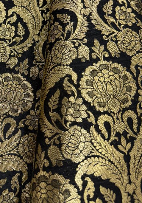 Black Brocade Crop Top And Skirt Set