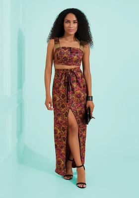 Pink Brocade Crop Top And Skirt Set