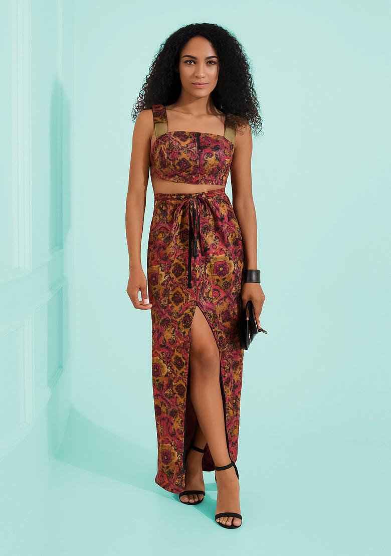 Pink Brocade Crop Top And Skirt Set