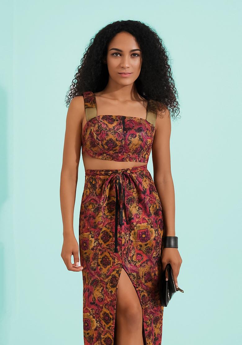 Pink Brocade Crop Top And Skirt Set