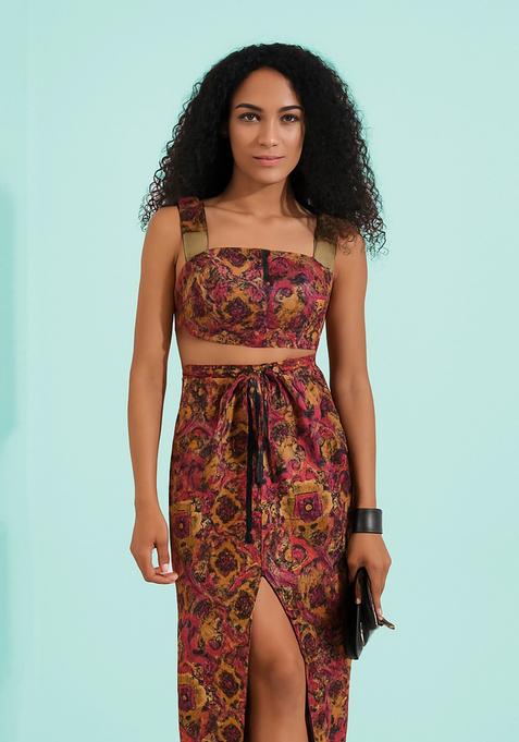 Pink Brocade Crop Top And Skirt Set