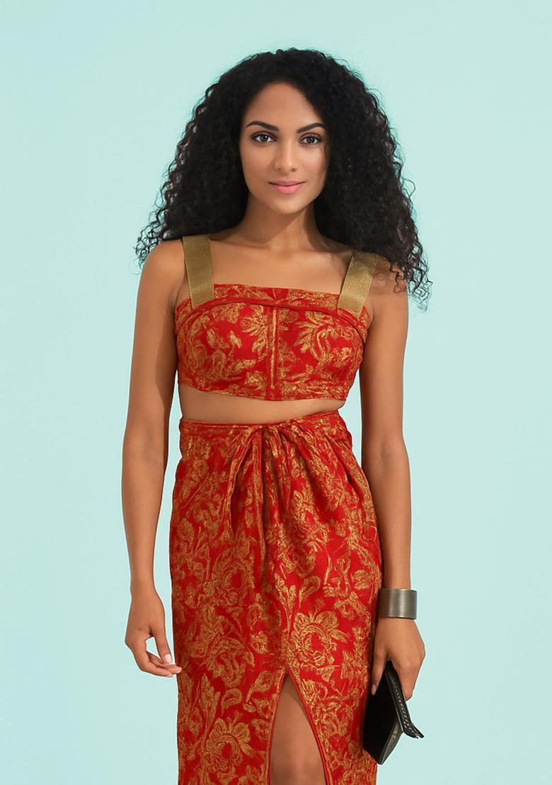 Red Brocade Crop Top And Skirt Set