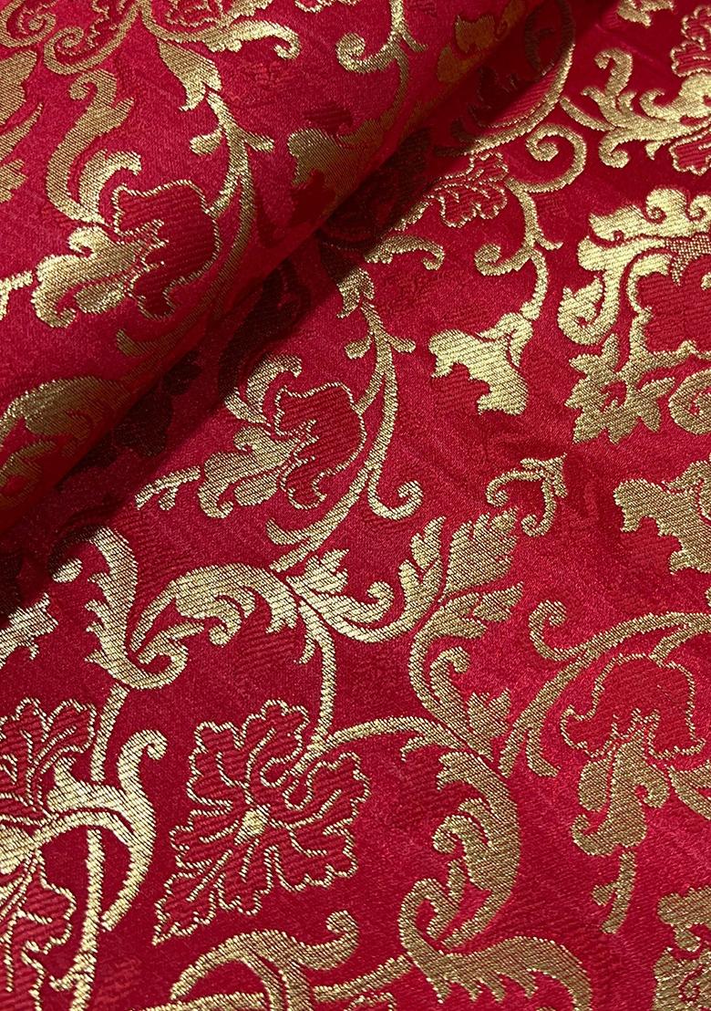 Red Brocade Crop Top And Skirt Set