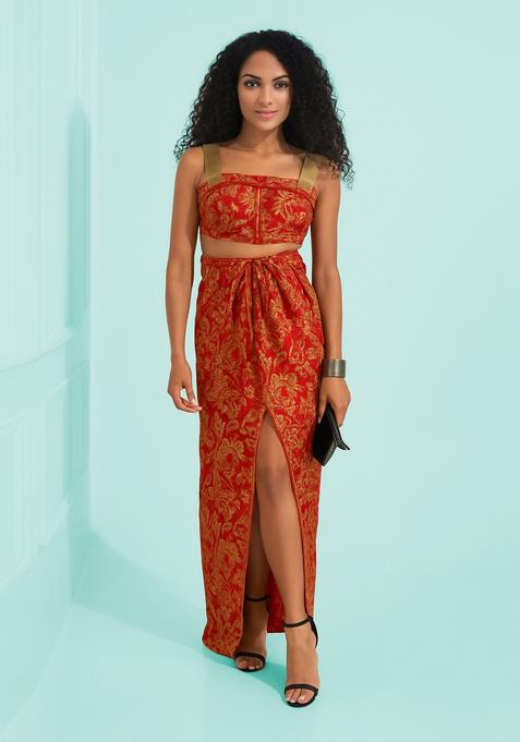 Red Brocade Crop Top And Skirt Set