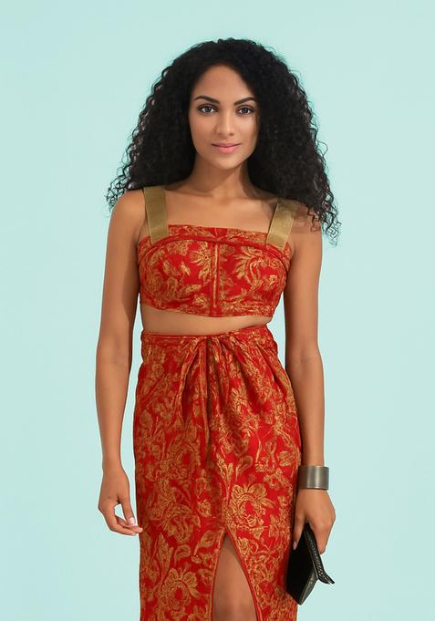 Red Brocade Crop Top And Skirt Set