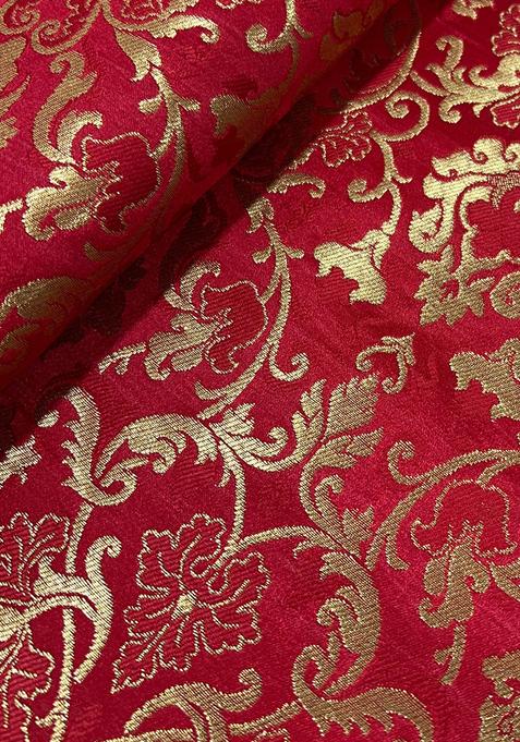 Red Brocade Crop Top And Skirt Set