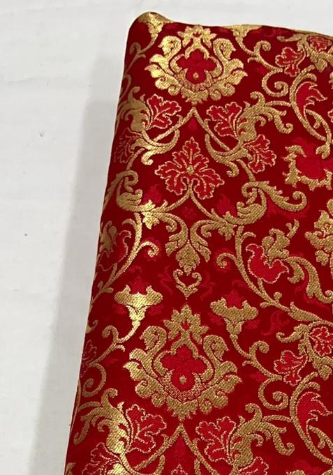 Red Brocade Crop Top And Skirt Set