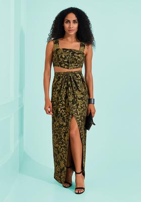 Black Brocade Crop Top And Skirt Set