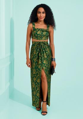 Green Brocade Crop Top And Skirt Set