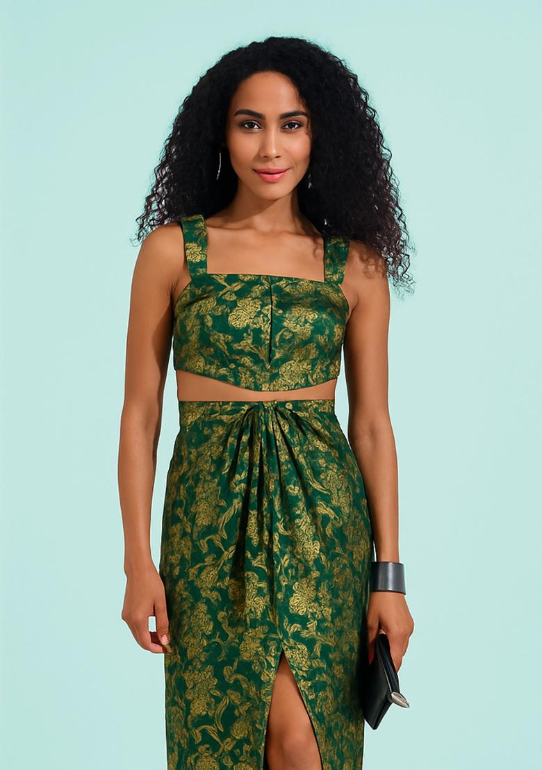 Green Brocade Crop Top And Skirt Set - Indya