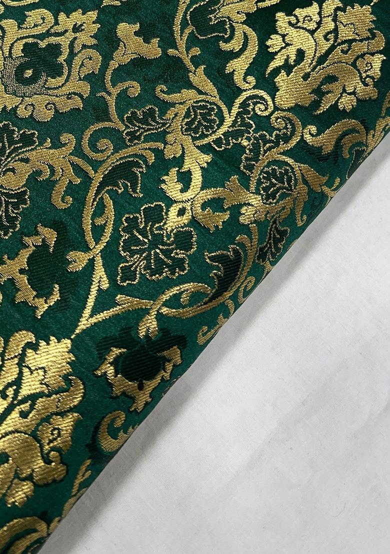 Green Brocade Crop Top And Skirt Set - Indya