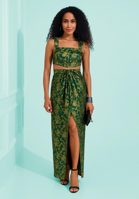 Green Brocade Crop Top And Skirt Set