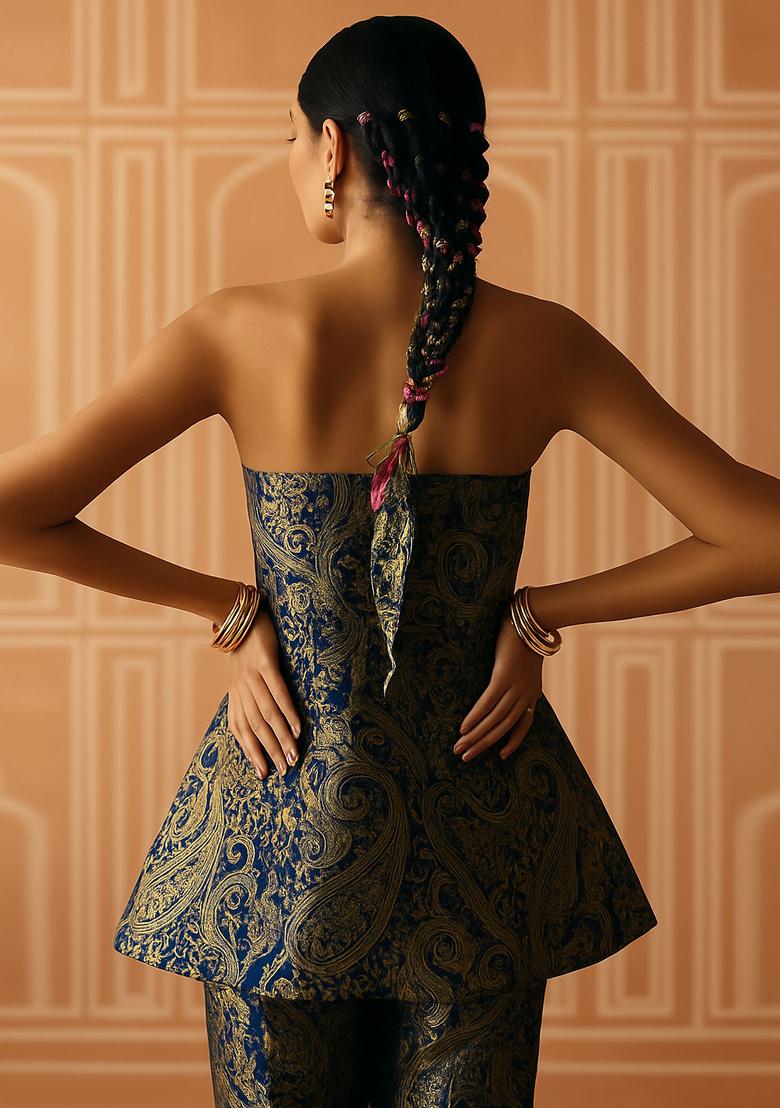 Navy Blue Brocade Co-Ord Set - Indya