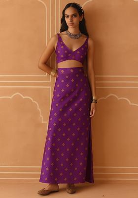 Purple Brocade Crop Top And Skirt Set