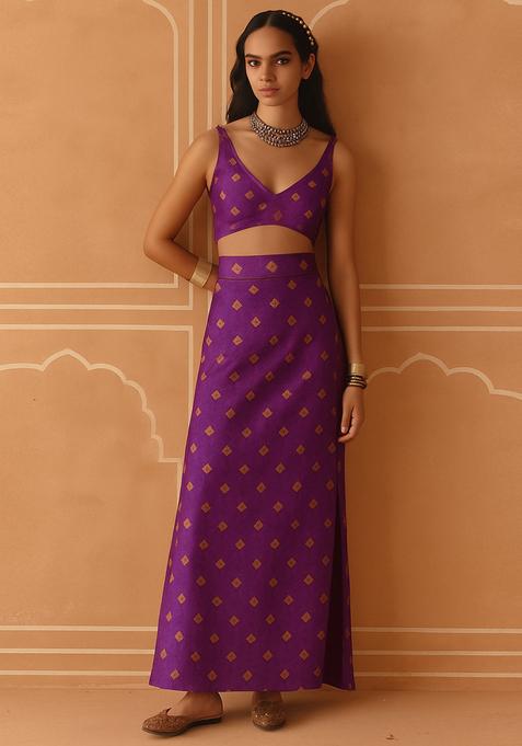 Purple Brocade Crop Top And Skirt Set