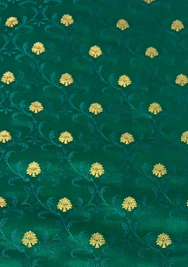 Green Brocade Crop Top And Skirt Set - Indya