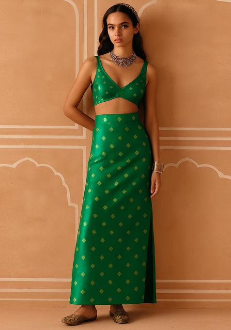 Green Brocade Crop Top And Skirt Set