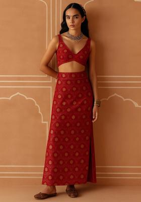 Red Brocade Crop Top And Skirt Set