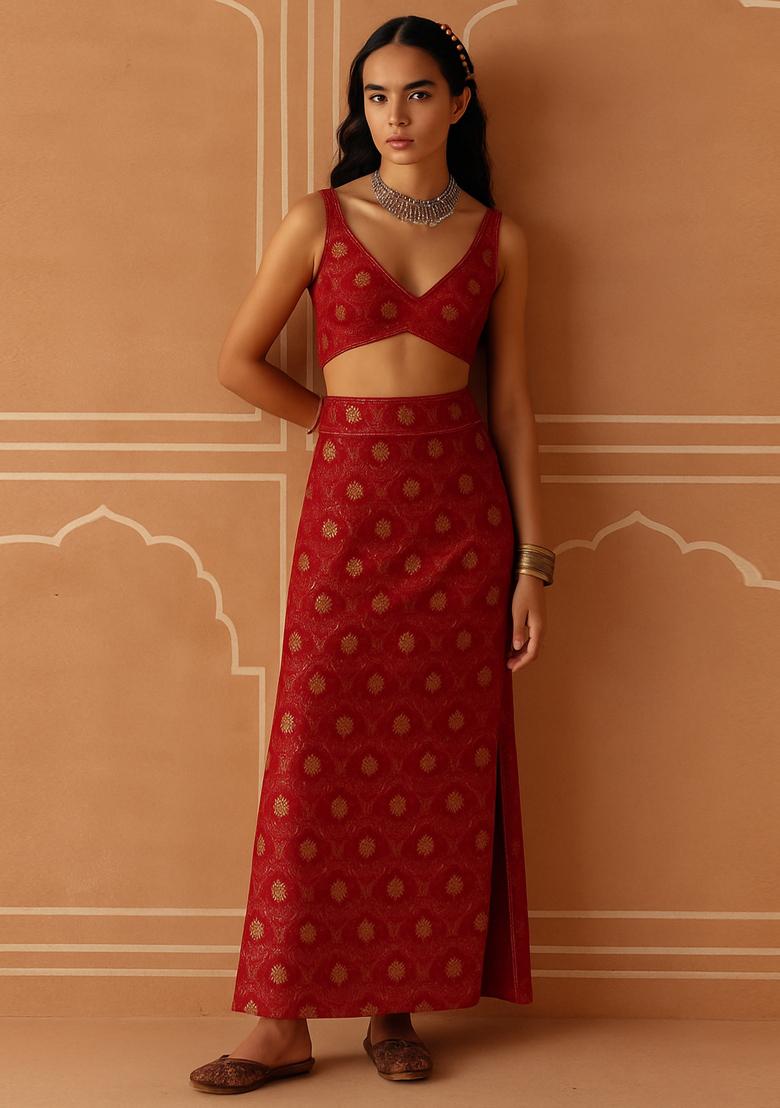 Red Brocade Crop Top And Skirt Set