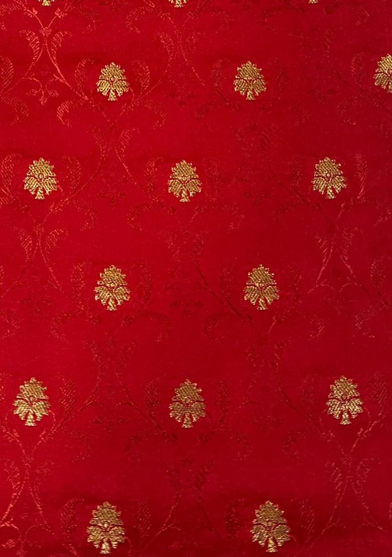 Red Brocade Crop Top And Skirt Set