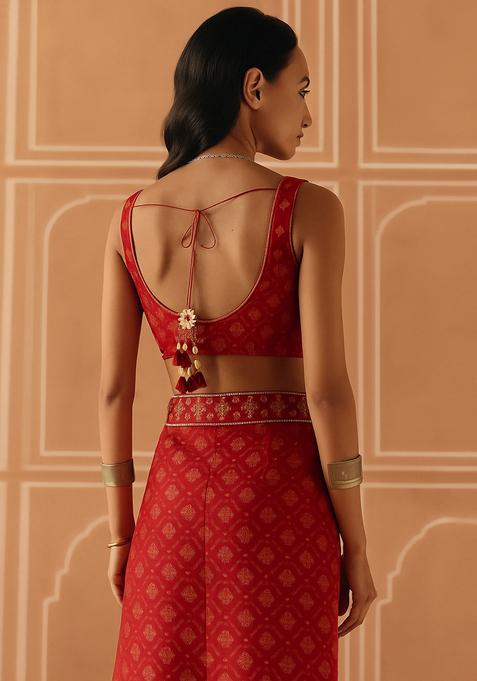 Red Brocade Crop Top And Skirt Set