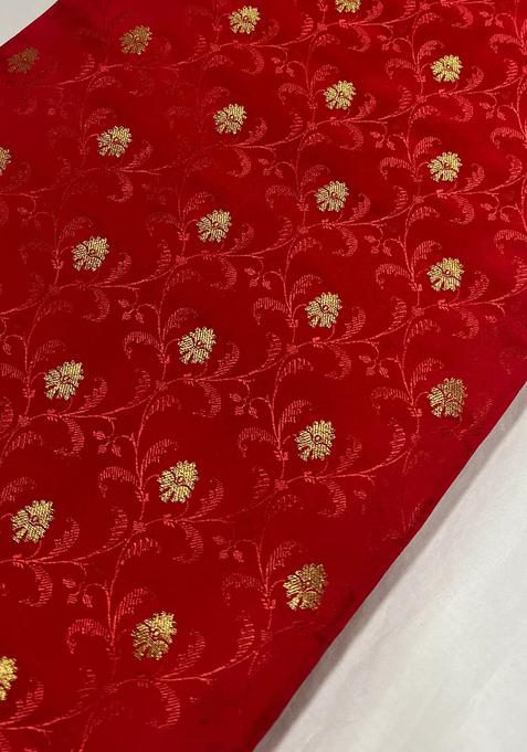 Red Brocade Crop Top And Skirt Set