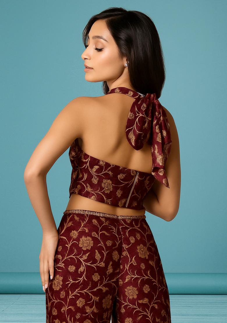 Maroon Brocade Co-Ord Set - Indya