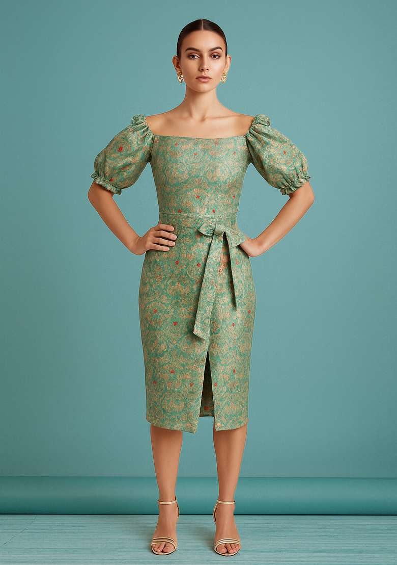 Sea Green Brocade Skirt Set - Indya