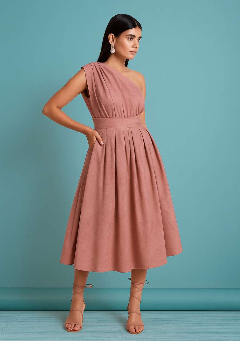 Peach Georgette Textured Dress - Indya