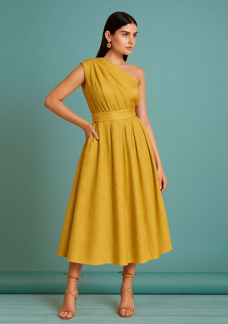 Yellow Georgette Textured Dress - Indya