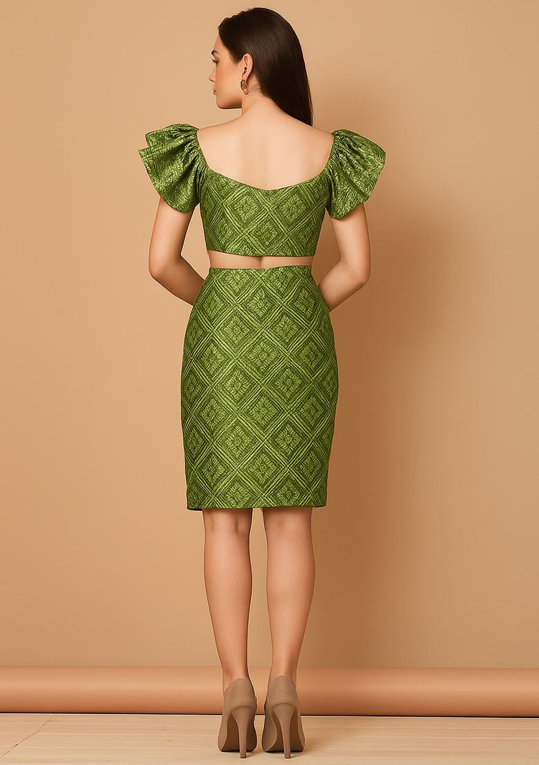 Green Brocade Dress - Indya
