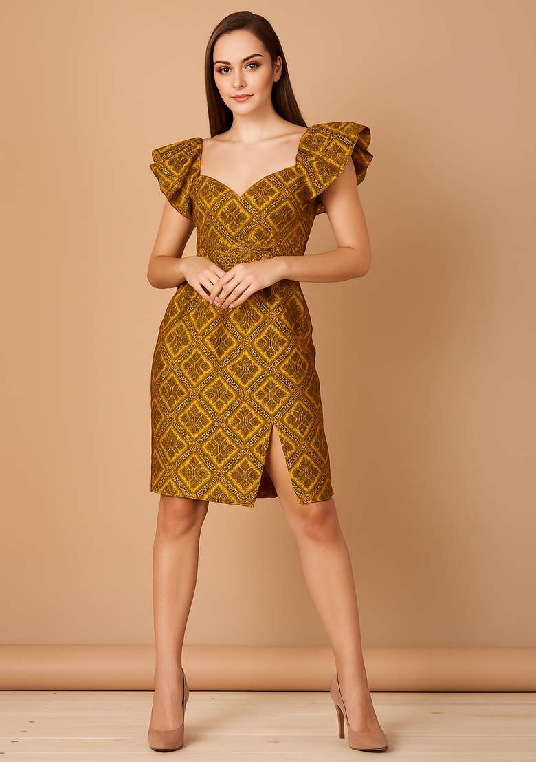 Yellow Brocade Dress - Indya