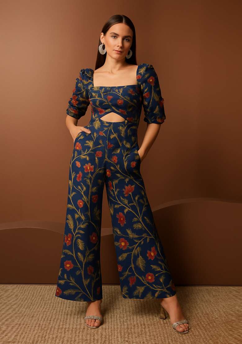 Blue Georgette Co-Ord Set with Floral Print for Diwali | Wedding & Festive Wear - Indya