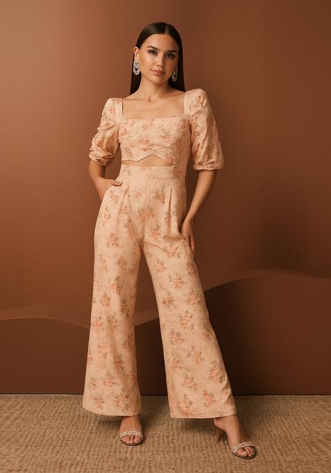 Peach Floral Print Georgette Co-Ord Set
