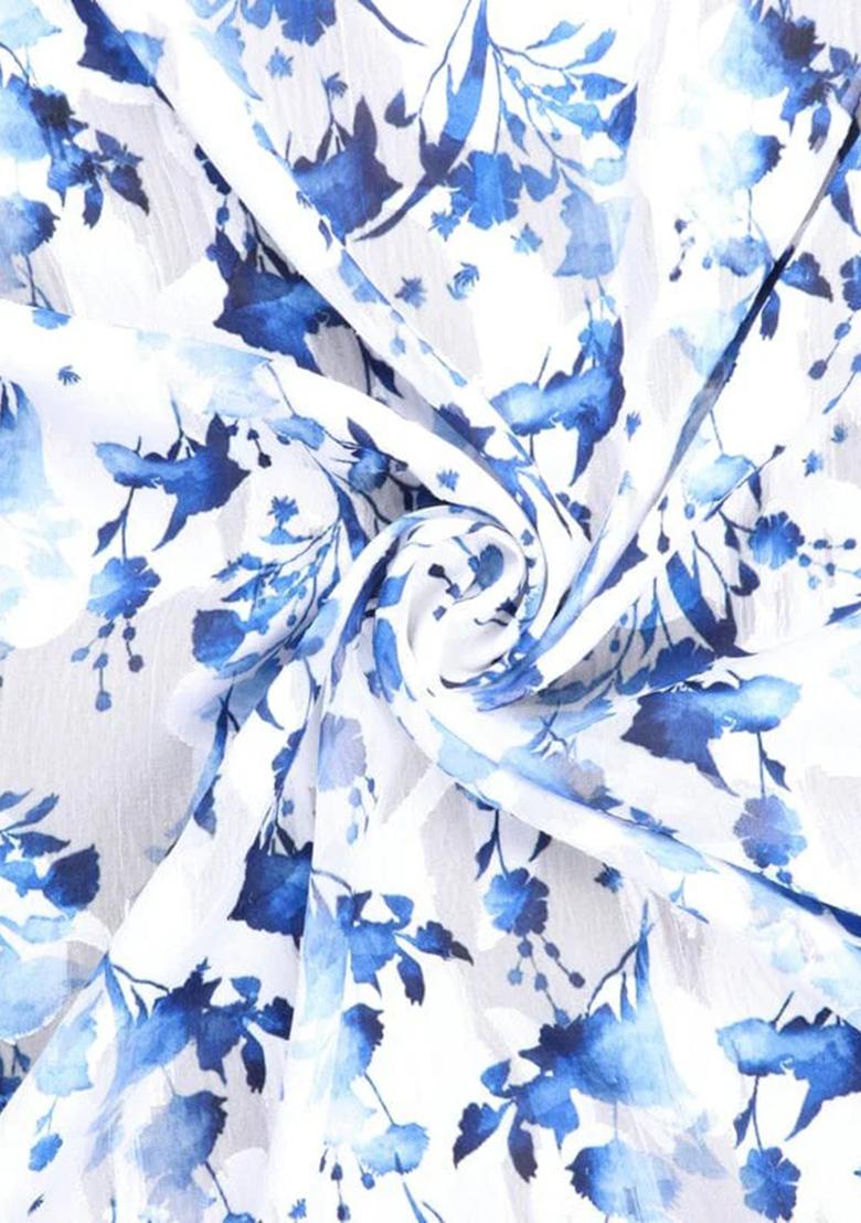 White And Blue Floral Print Georgette Co-Ord Set - Indya