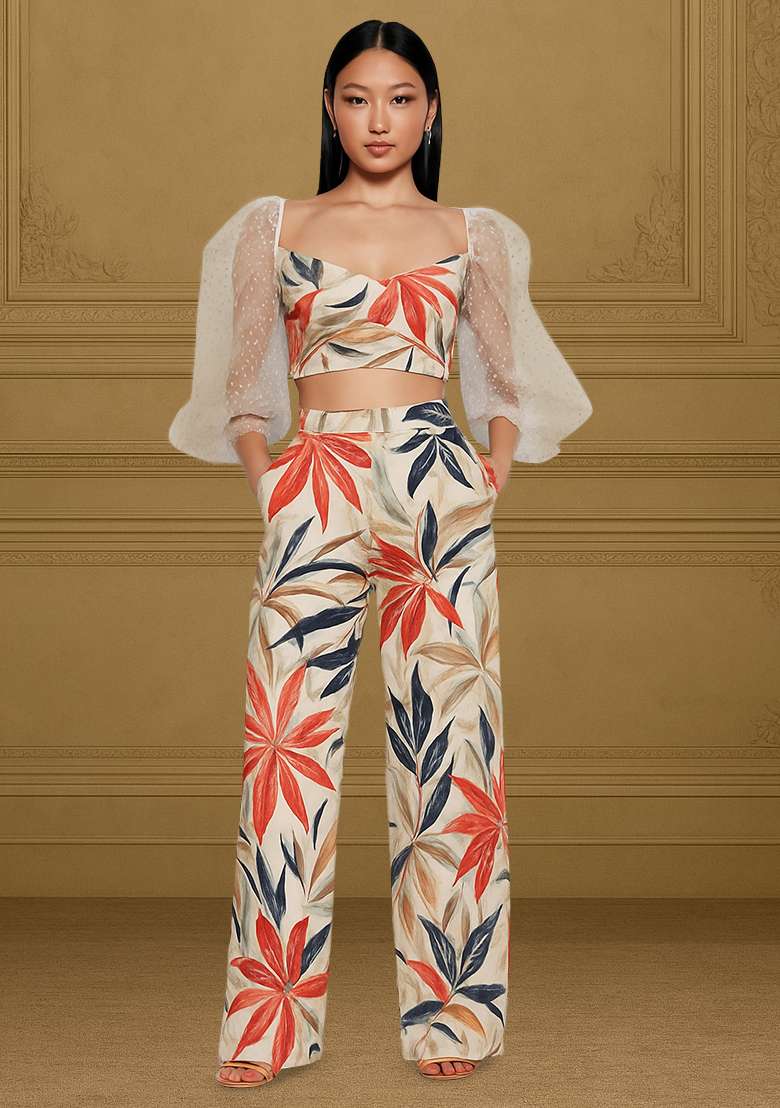 White Cotton Linen Floral Printed Co-Ord Set - Indya