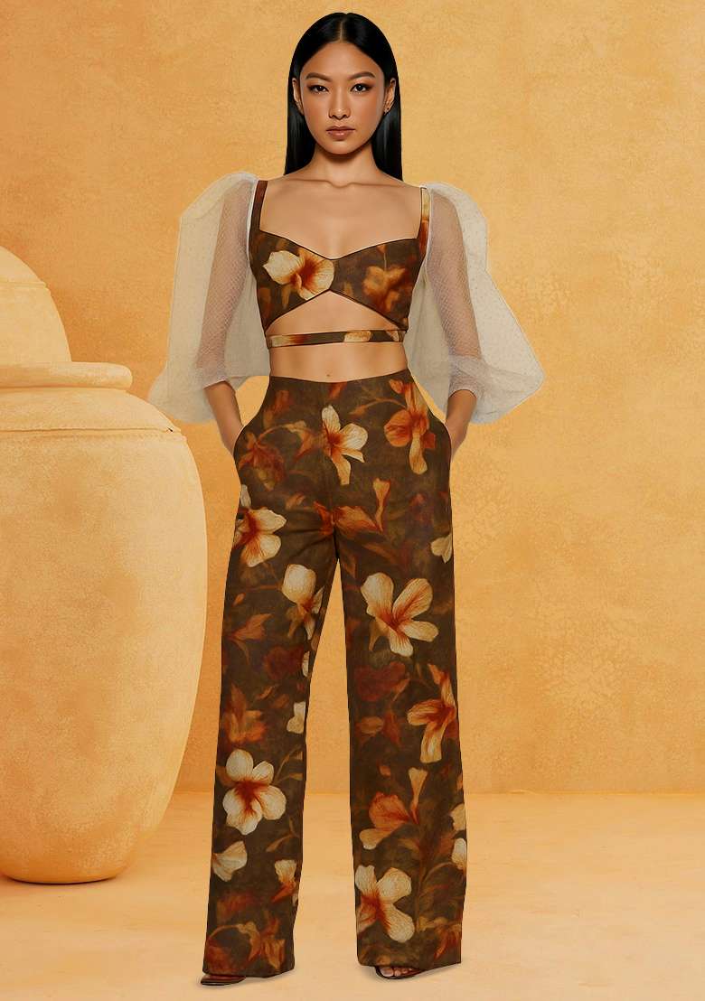Brown Cotton Linen Floral Printed Co-Ord Set - Indya